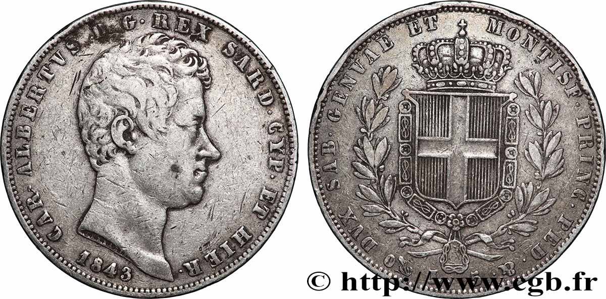 ITALIA - REGNO DE SARDINIA 5 Lire Charles-Albert 1843 Gênes q.BB 