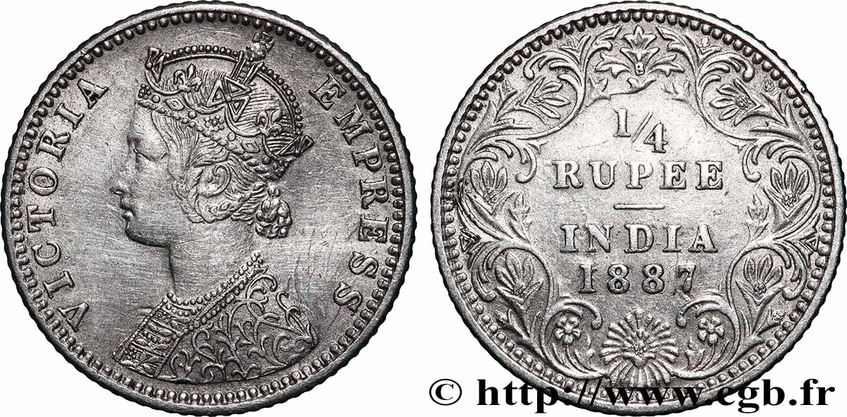 INDES BRITANNIQUES 1/4 Rupee (Roupie) Victoria 1887 Bombay TTB 
