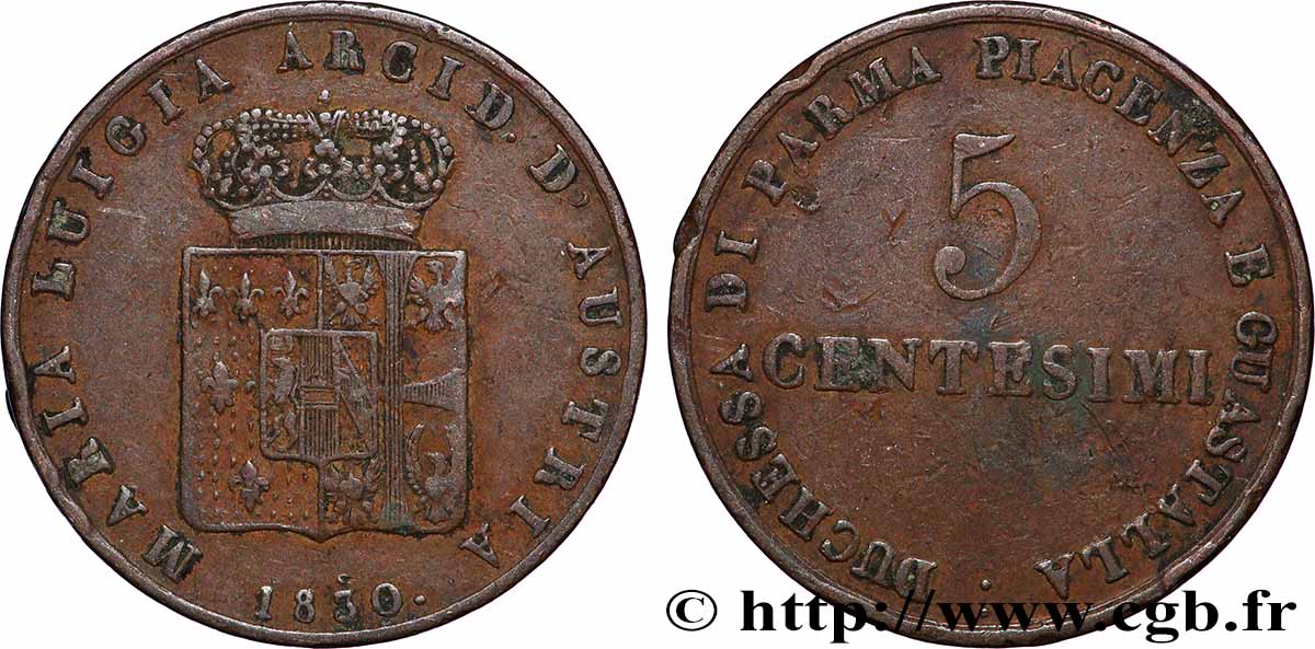 ITALIEN - HERZOGTUM PARMA PIACENZA UND GUASTALLA - MARIE-LOUISE VON ÖSTERREICH 5 Centesimi  1830 Milan SS 