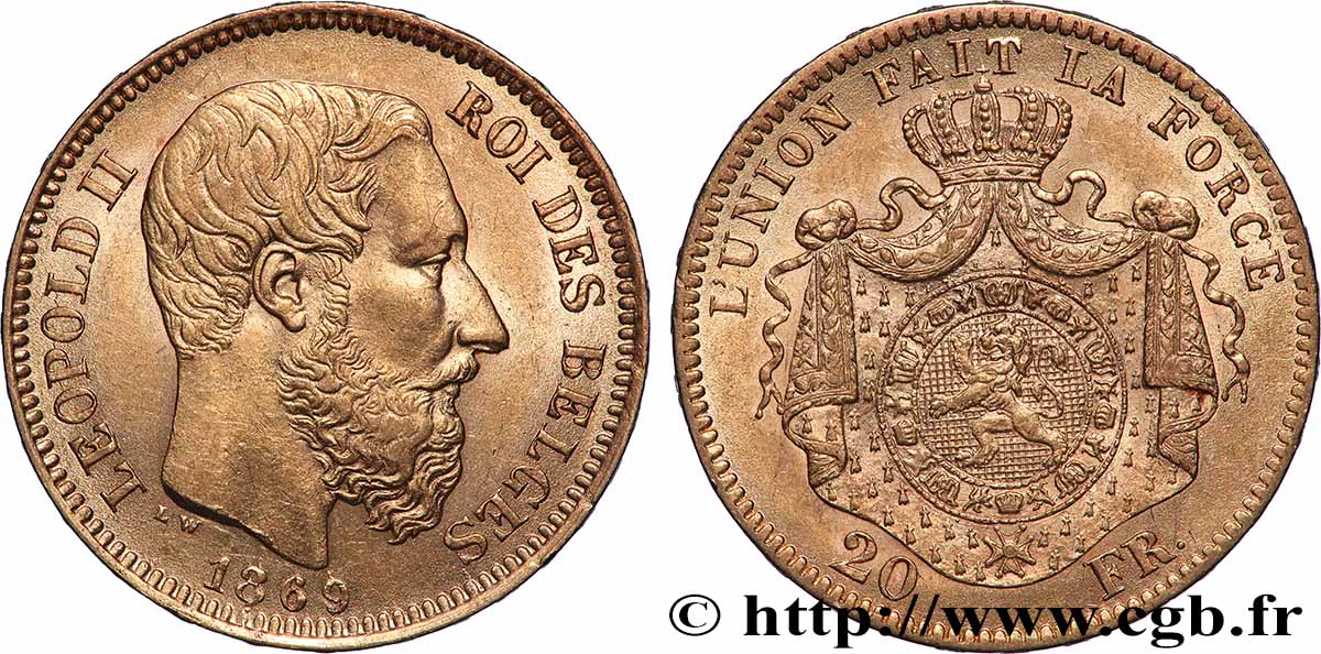 GOLD, PALLADIUM & PLATINUM INVESTMENT 20 Francs Léopold II 1869 Bruxelles AU 