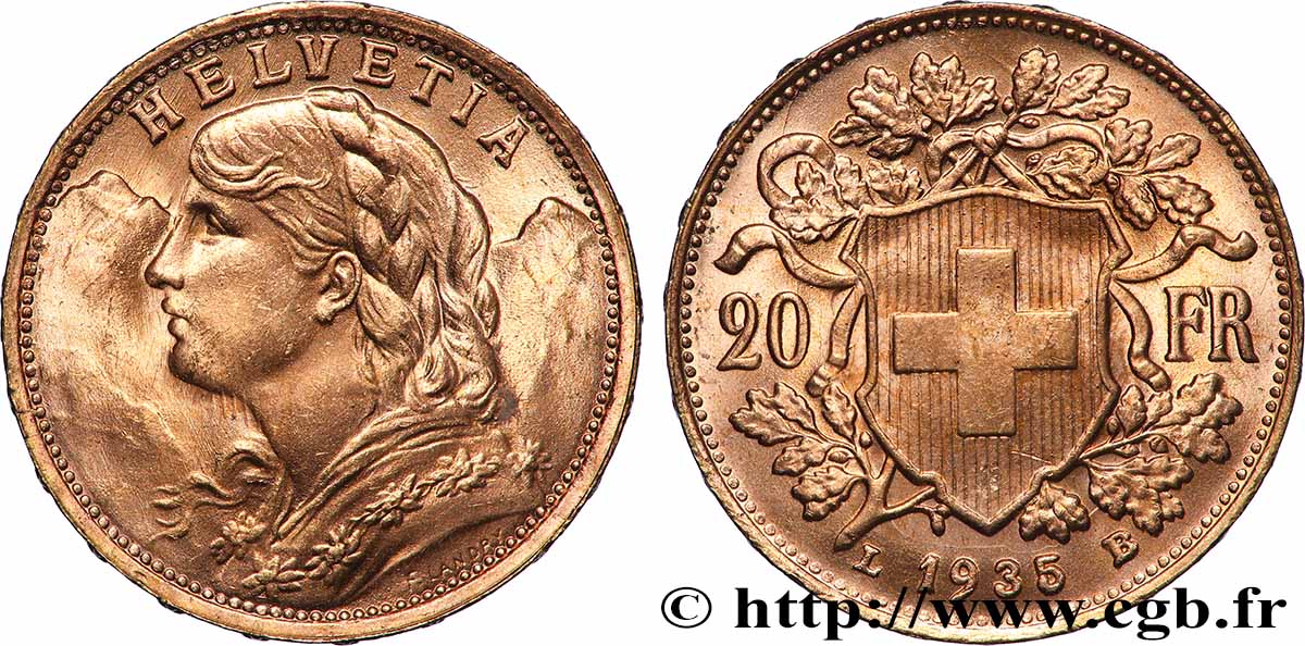 GOLD, PALLADIUM & PLATINUM INVESTMENT 20 Francs &nbsp;Vreneli&nbsp; 1935 Berne AU 