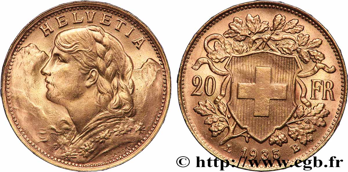 GOLD, PALLADIUM & PLATINUM INVESTMENT 20 Francs &nbsp;Vreneli&nbsp; 1935 Berne AU 
