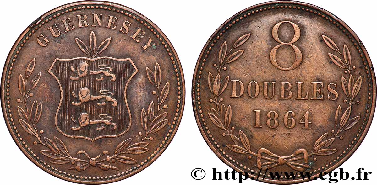 GUERNESEY 8 Doubles armes du baillage de Guernesey 1864 Heaton TTB 