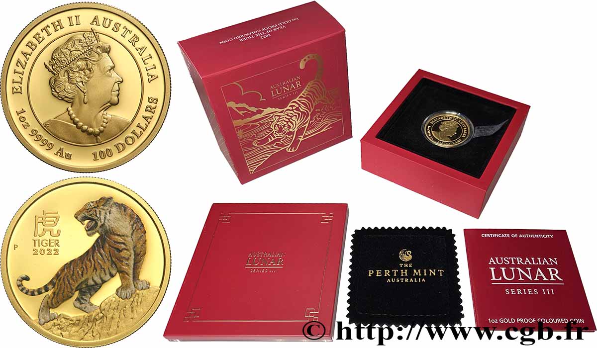 OR, PALLADIUM ET PLATINE INVESTISSEMENT 1 Oz - 100 Dollars Proof Année du Tigre 2022 Perth FDC 