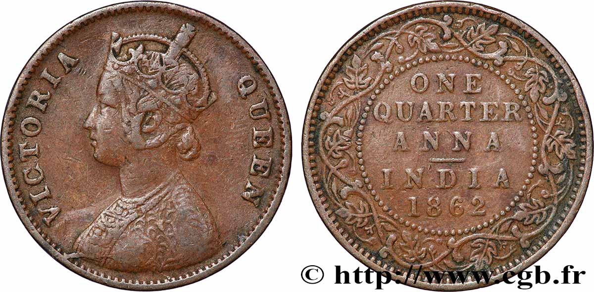 INDES BRITANNIQUES 1/4 Anna Victoria 1862 Calcutta TB+ 
