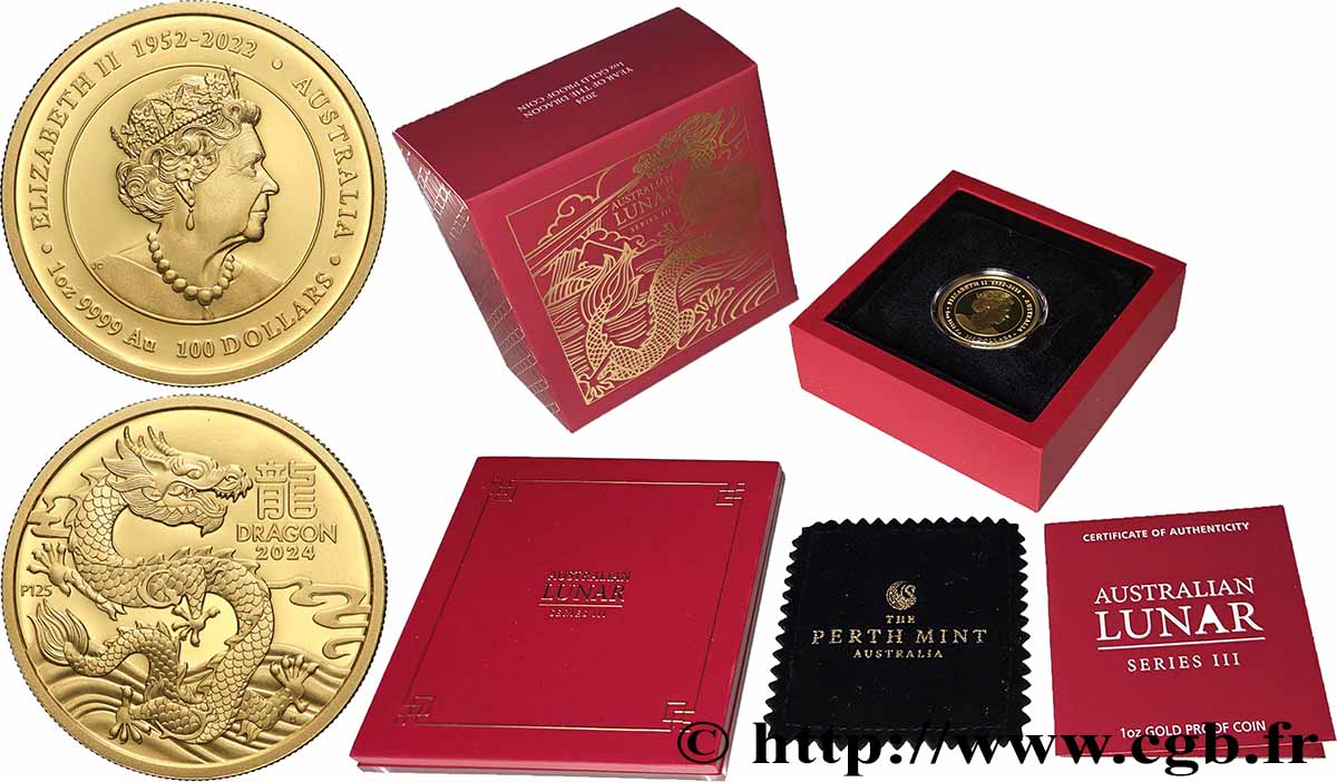 OR, PALLADIUM ET PLATINE INVESTISSEMENT 1 Oz - 100 Dollars Proof Année du Serpent 2024 Perth FDC 