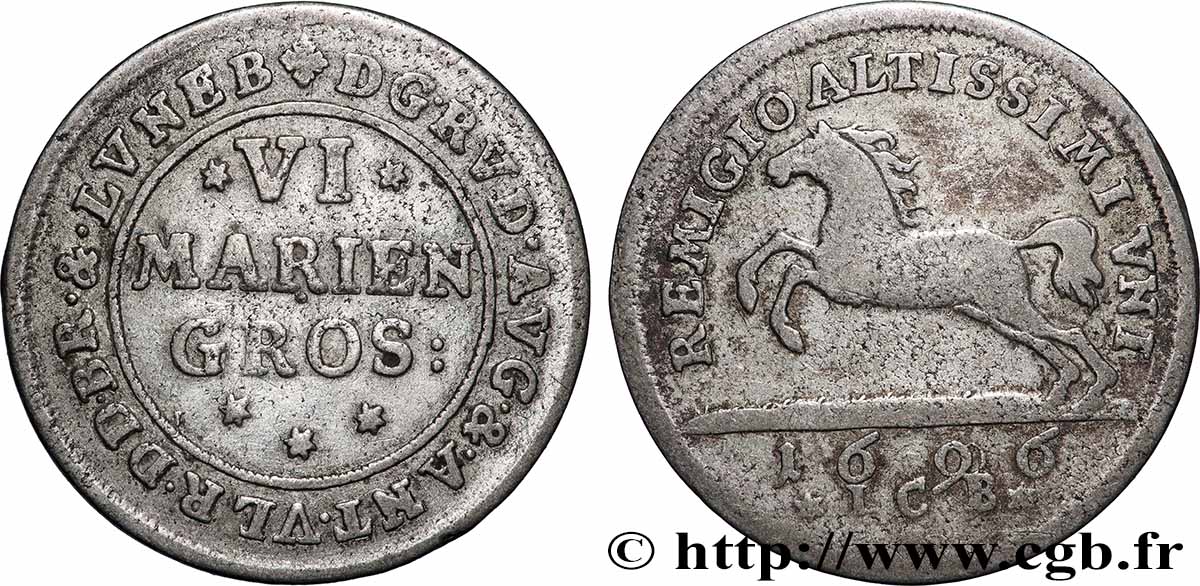 DEUTSCHLAND - BRAUNSCHWEIG-WOLFENBUTTEL 6 Mariengroschen, frappe au cheval au nom de Rudolphe Auguste 1696  fSS 