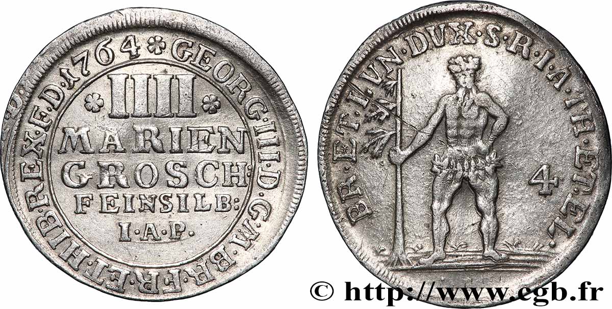 ALLEMAGNE - BRUNSWICK-LUNEBOURG-CALENBERG 4 Mariengroschen George III 1764 Zllerfeld TTB 