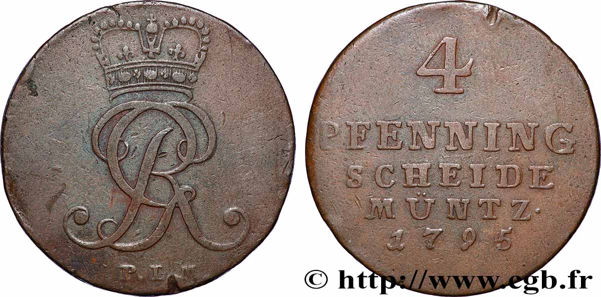 ALLEMAGNE - BRUNSWICK-LUNEBOURG-CALENBERG 4 Pfenning - George III 1795 Zllerfeld TTB 