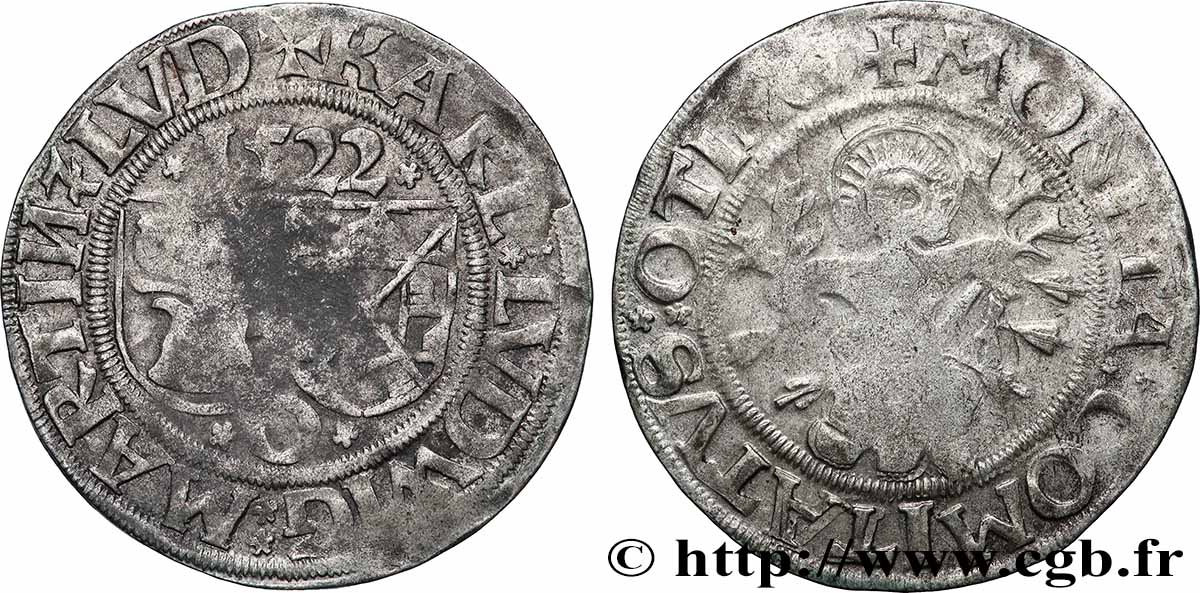 ALLEMAGNE - COMTÉ D&nbsp;OETTINGEN 1 Batzen - Wolfgang I, Martin, Louis XIV et Louis XV 1522 Oettingen TB+ 