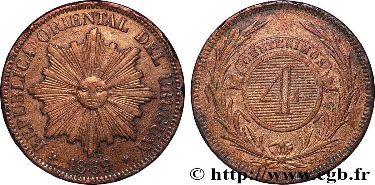 URUGUAY 4 Centesimos 1869 Paris fSS 
