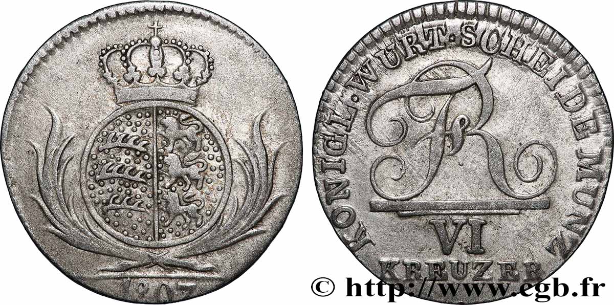 DEUTSCHLAND - WÜRTTEMBERG 6 Kreuzer Royaume de Würtemberg monogramme de Frédéric Ier 1807  fSS 