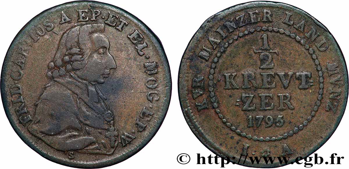 DEUTSCHLAND - MAINZ 1/2 Kreuzer Friedrich Karl Joseph von Erthal 1795  fSS 