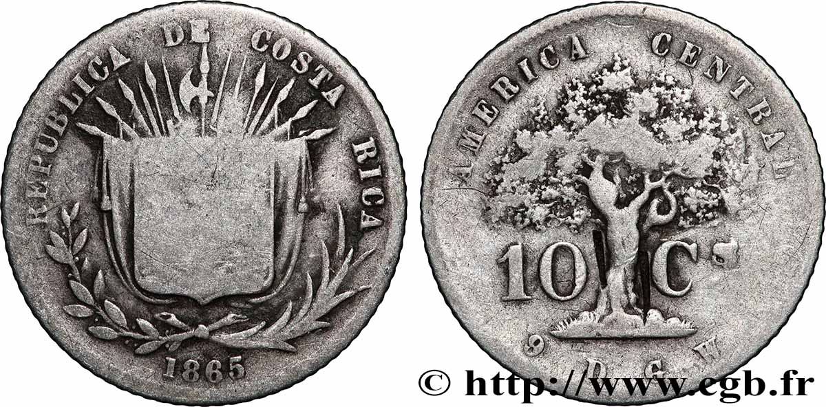 COSTA RICA 10 Centavos 1865 San José TB 