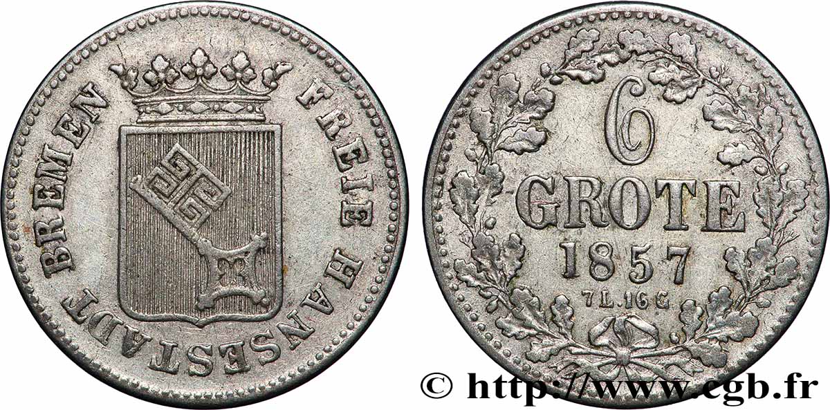 ALLEMAGNE - VILLE LIBRE HANSÉATIQUE DE BRÊME 6 Grote 1857  TTB+ 