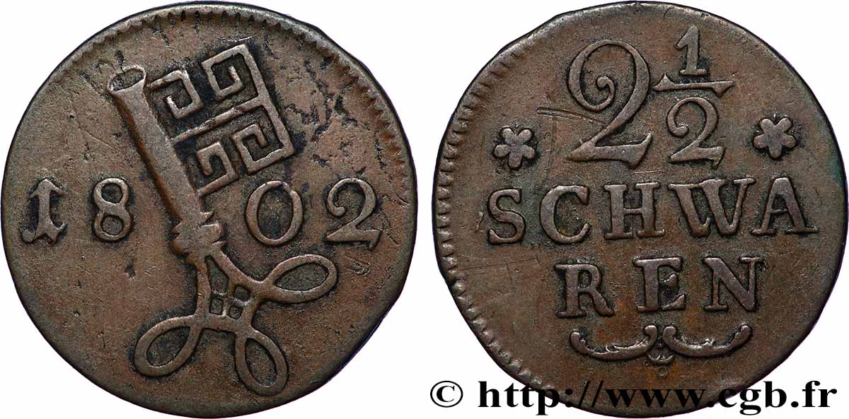 ALLEMAGNE - VILLE LIBRE HANSÉATIQUE DE BRÊME 2 1/2 Schwaren clef 1802  TTB 