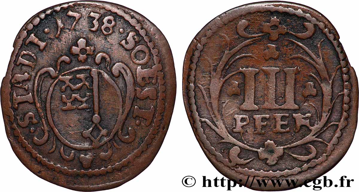 ALLEMAGNE - SOEST III Pfennig écu à la clef 1738  TTB 