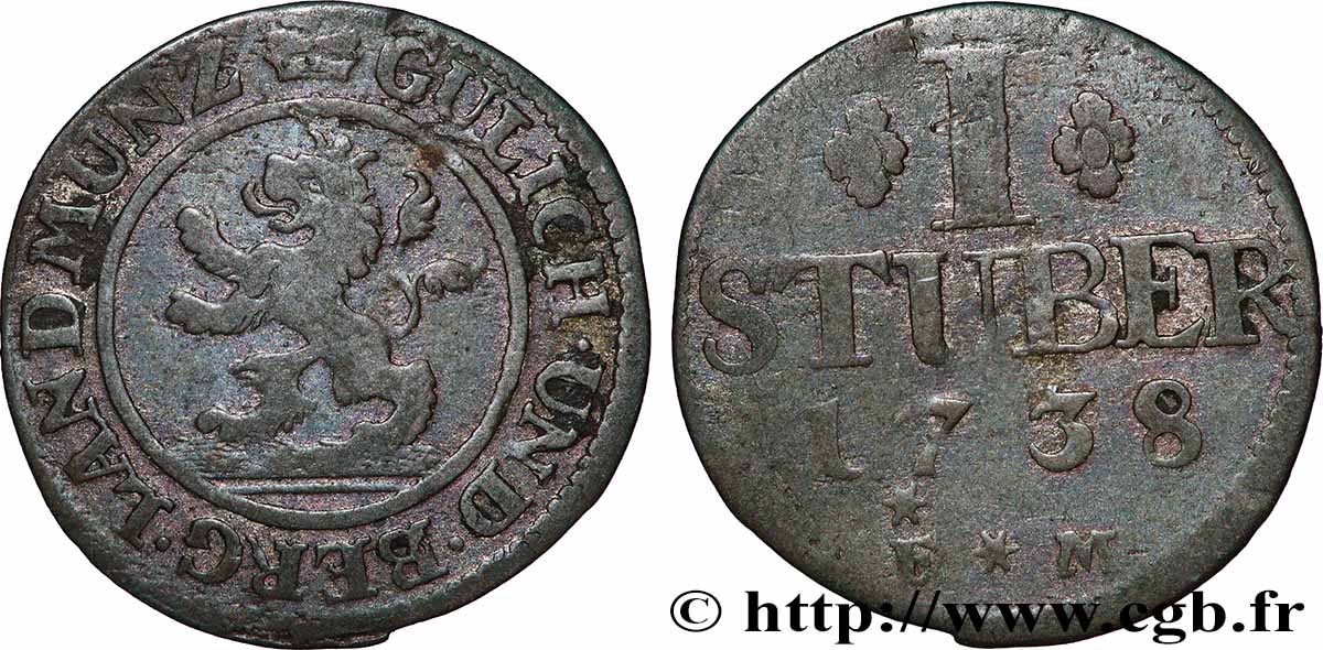 ALLEMAGNE - JULIERS-BERG 1 Stuber Duché de Jülich-Berg lion 1738  TB+ 