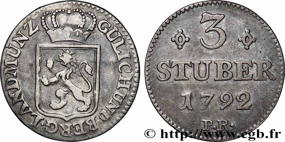 ALLEMAGNE - JULIERS-BERG 3 Stuber Duché de Jülich-Berg monogramme de Carl Théodore de Bavière 1792 Düsseldorf TTB 