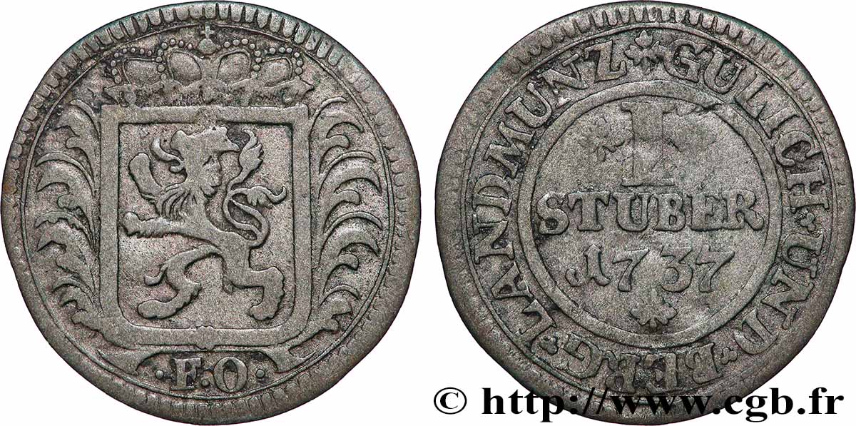 ALLEMAGNE - JULIERS-BERG 1 Stuber Duché de Jülich-Berg lion 1737  TB+ 
