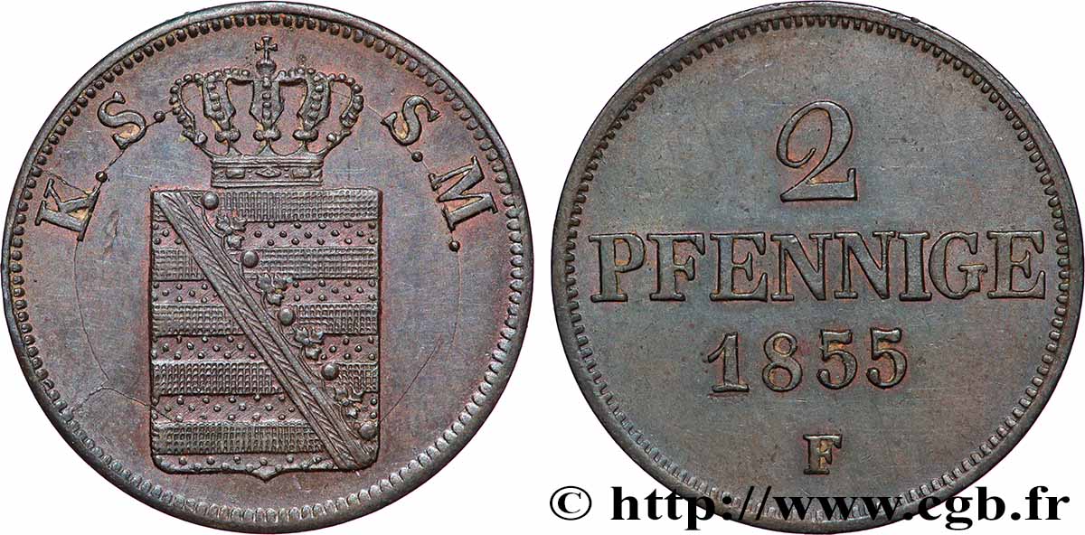 DEUTSCHLAND - SACHSEN 2 Pfennige Royaume de Saxe 1855 Dresde VZ 