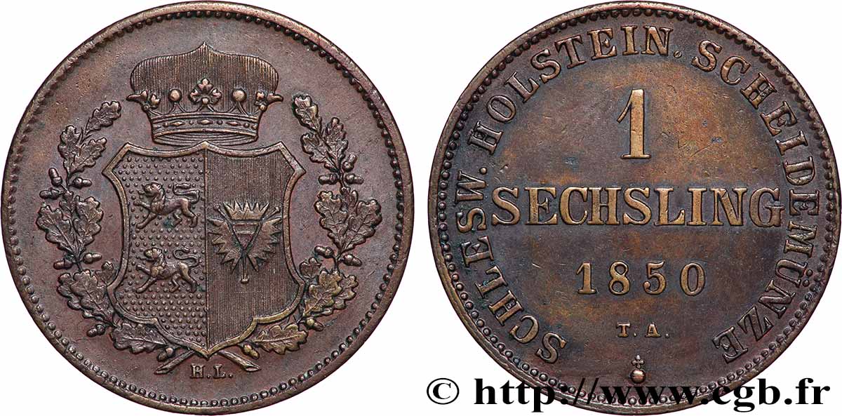 ALLEMAGNE - SCHLESWIG-HOLSTEIN 1 Sechsling armes 1850  TTB+ 