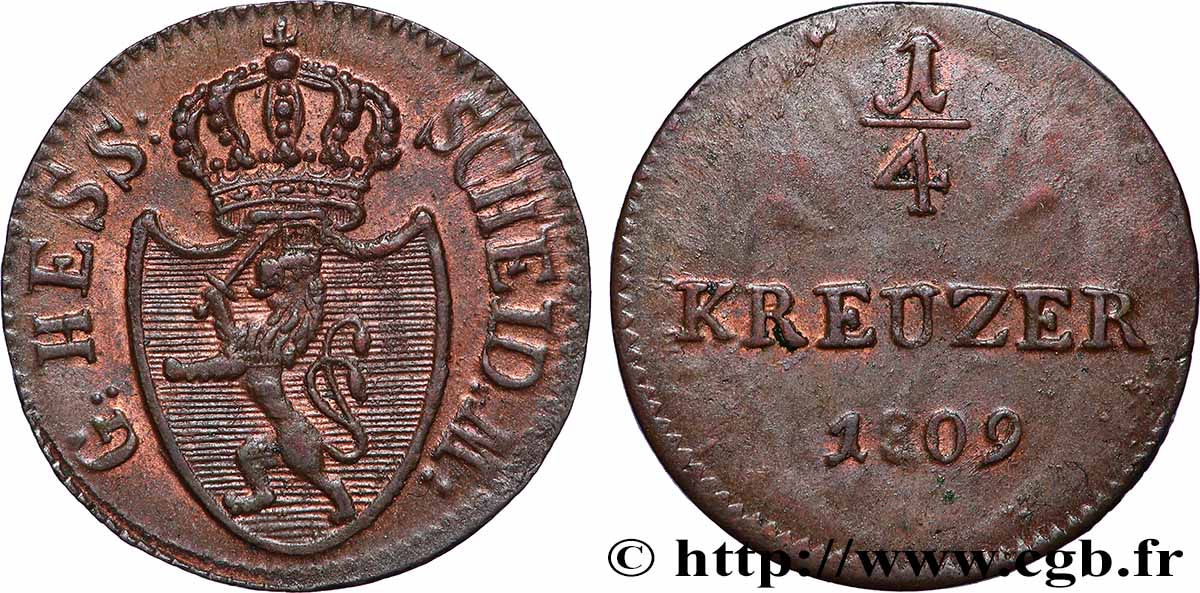 ALLEMAGNE - HESSE-DARMSTADT 1/4 Kreuzer Louis X 1809 Darmstadt TTB+ 