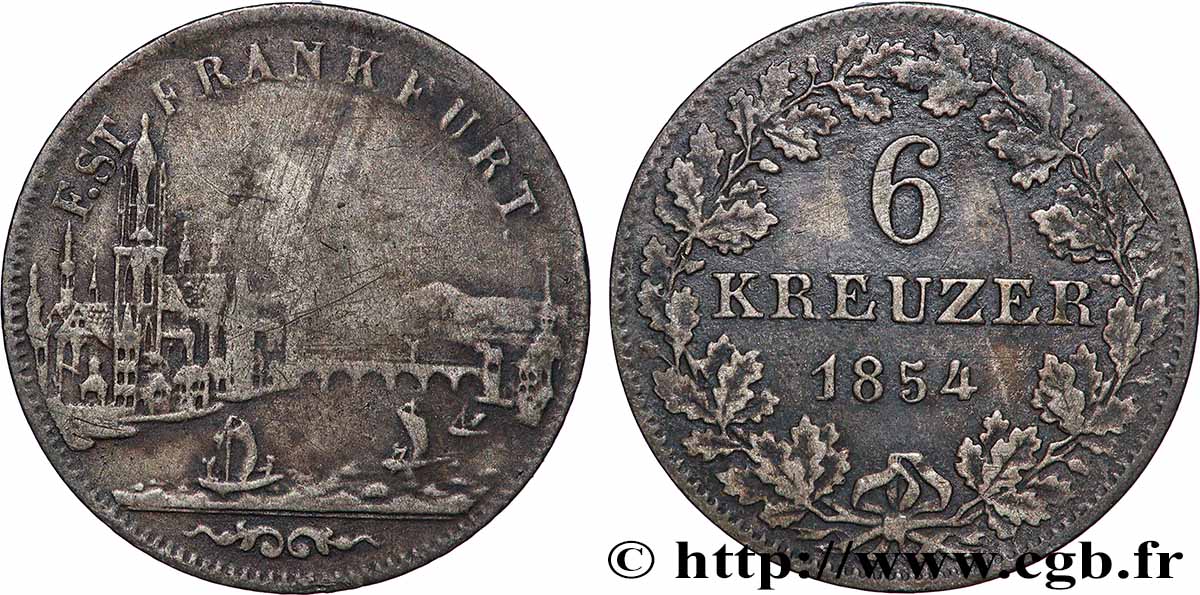 GERMANY - FRANKFURT FREE CITY 6 Kreuzer Ville libre de Francfort, vue de la ville 1854 Francfort VF 