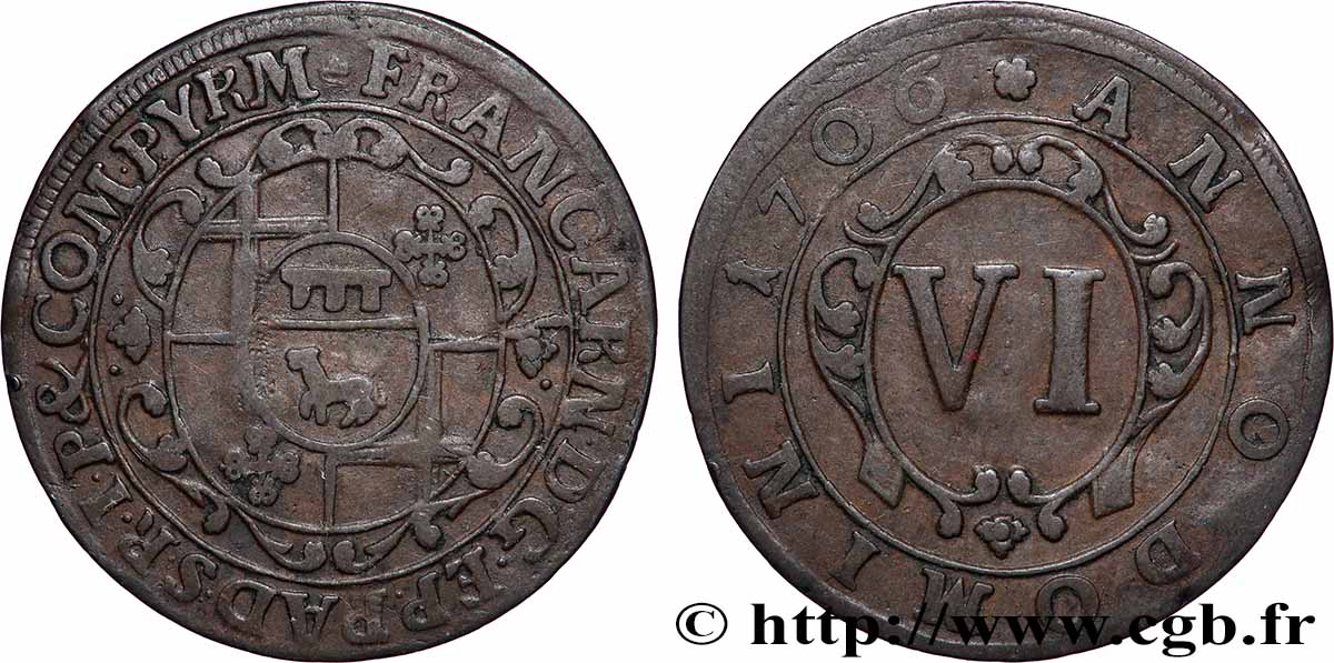 GERMANY - PADERBORN 6 Pfennig emblème / monogramme surfrappé de Franz Arnold 1706  VF 