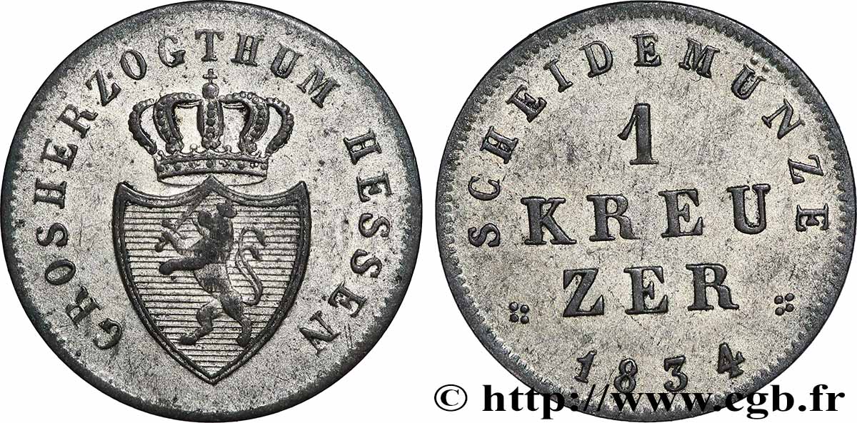 ALLEMAGNE - HESSE 1 Kreuzer Louis II de Hesse-Darmstadt 1834  TTB+ 