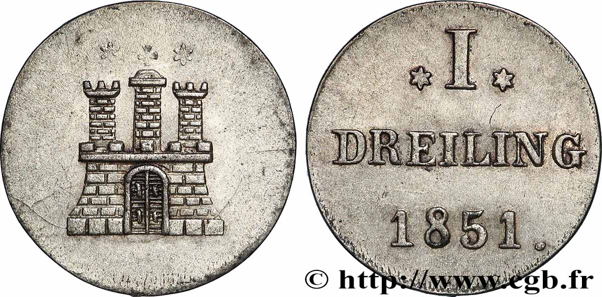 DEUTSCHLAND - HAMBURG FREIE STADT 1 Dreiling Ville de Hambourg emblème 1851  fVZ 