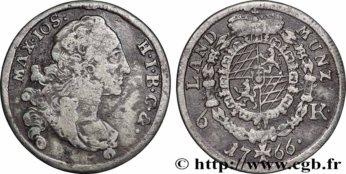 DEUTSCHLAND - KURFÜSTENTUM BAYERN - MAXIMILIAN III0 JOSEPH 6 Kreuzers 1766 Munich fSS 