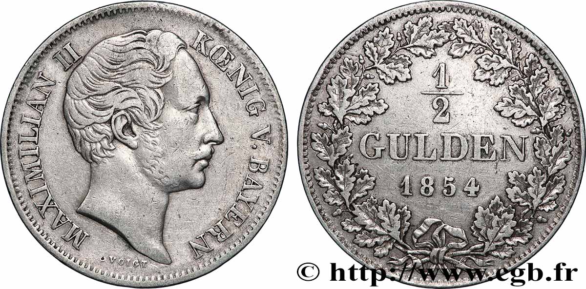 GERMANIA - BAVIERIA 1/2 Gulden Maximilien II 1854 Munich BB 