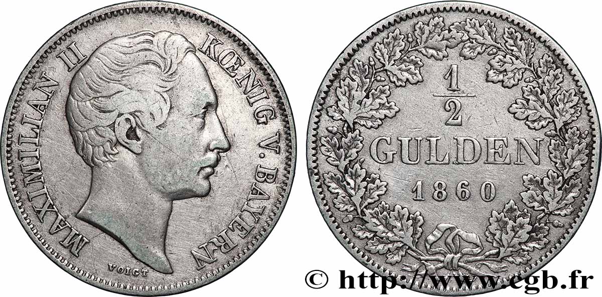 ALLEMAGNE - BAVIÈRE 1/2 Gulden Maximilien II 1860 Munich TTB 