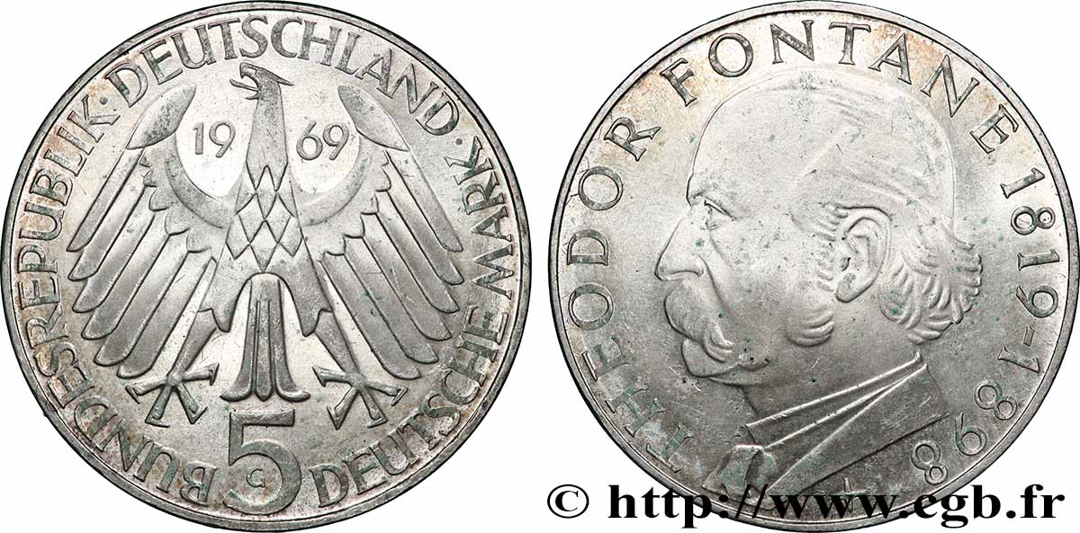 GERMANY 5 Mark Proof Théodor Fontane 1969 Karlsruhe MS 