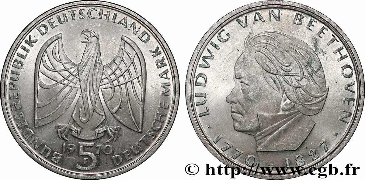 ALLEMAGNE 5 Mark 200e anniversaire de la naissance de Beethoven 1970 Stuttgart  SUP+ 