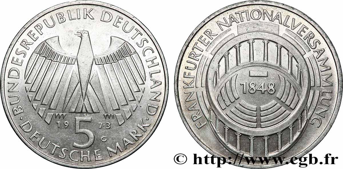 ALLEMAGNE 5 Mark Parlement de Francfort 1973 Karlsruhe SPL 