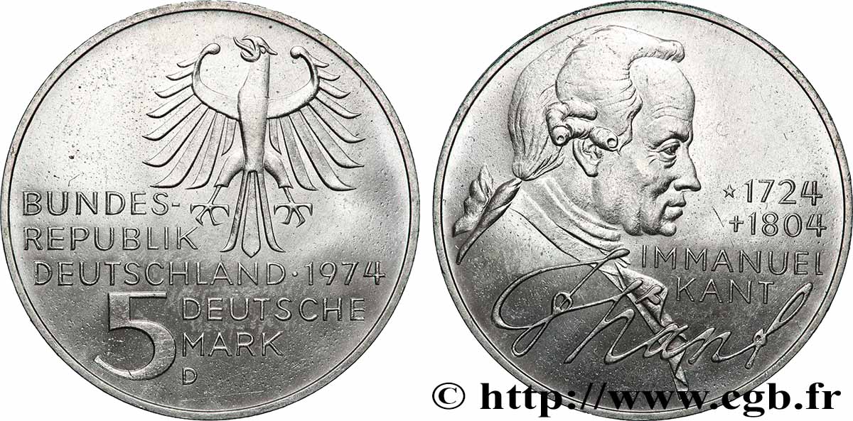 ALLEMAGNE 5 Mark Emmanuel Kant 1974 Munich  SUP 
