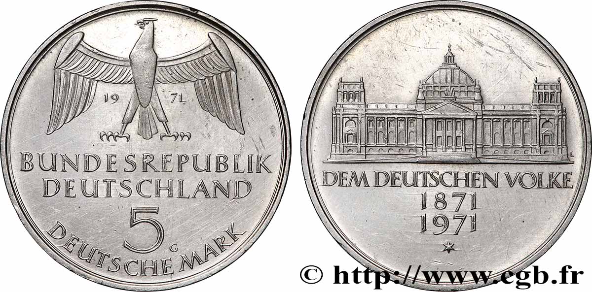 ALLEMAGNE 5 Mark Centenaire du parlement allemand 1971 Karlsruhe SUP+ 