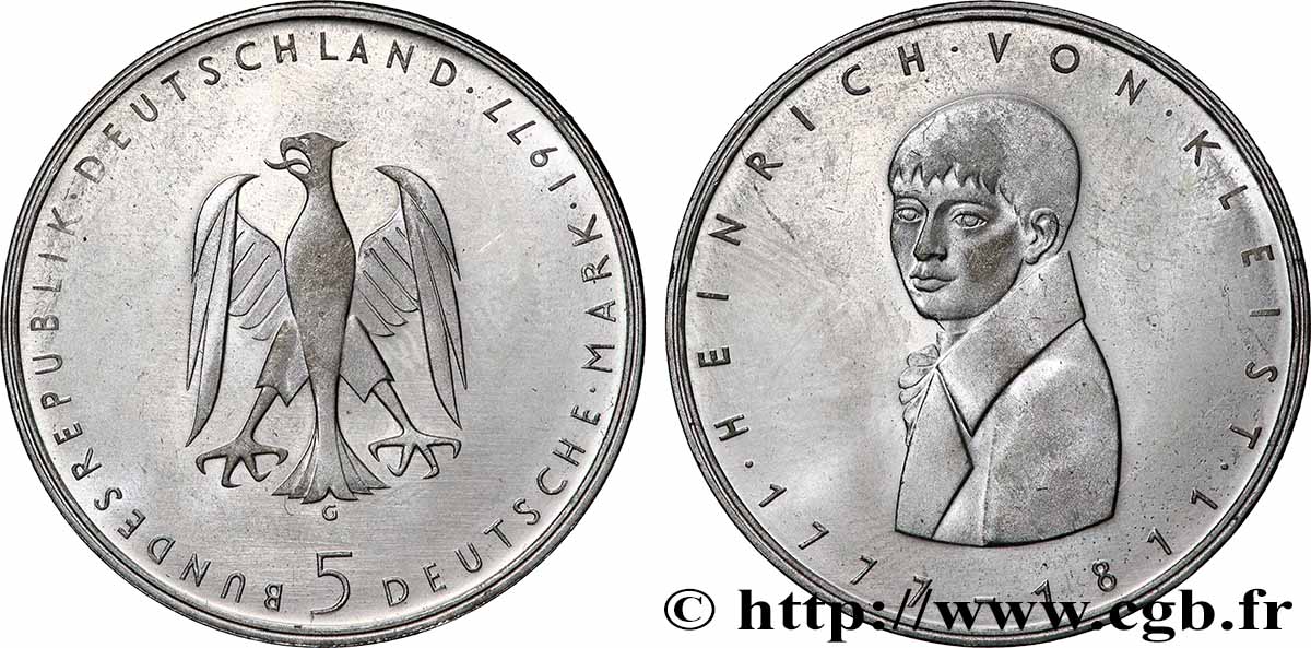 ALLEMAGNE 5 Mark proof Heinrich von Kleist 1977 Karlsruhe SUP 