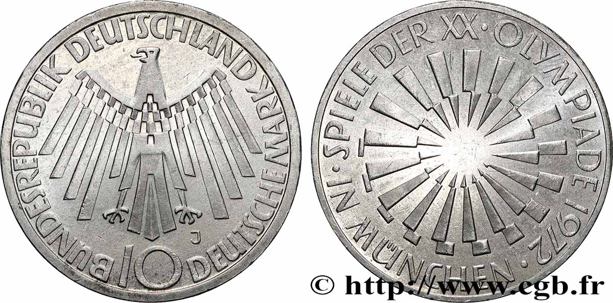 ALLEMAGNE 10 Mark XXe J.O. Munich / aigle type “IN DEUTSCHLAND” 1972 Hambourg SPL 