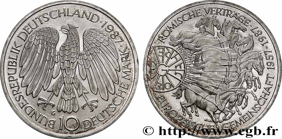 DEUTSCHLAND 10 Mark Proof 30e anniversaire du Traité de Rome et de l’Union Européenne 1987 Karlsruhe fST 
