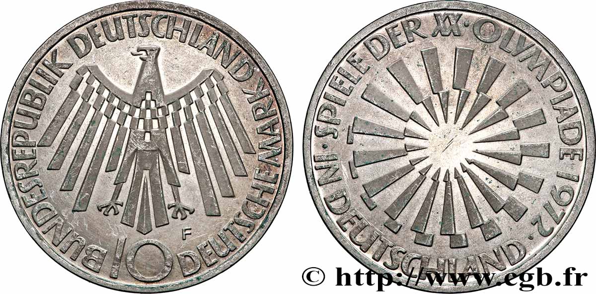 ALLEMAGNE 10 Mark XXe J.O. Munich / aigle type “IN MÜNCHEN” 1972 Stuttgart SUP+ 