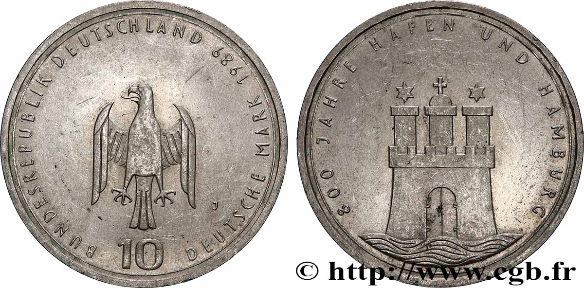 ALLEMAGNE 10 Mark 800e anniversaire de la charte de ville libre de Hambourg 1989 Hambourg SUP+ 