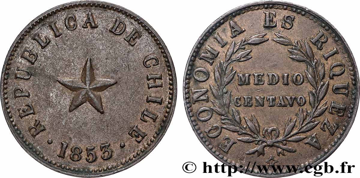 CHILE 1/2 (Medio) Centavo 1853  AU 
