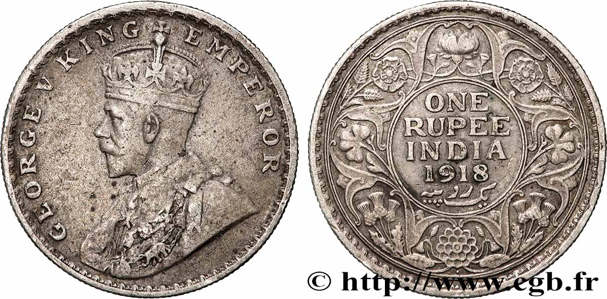BRITISCH-INDIEN 1 Rupee (Roupie) Georges V 1918 Bombay SS 