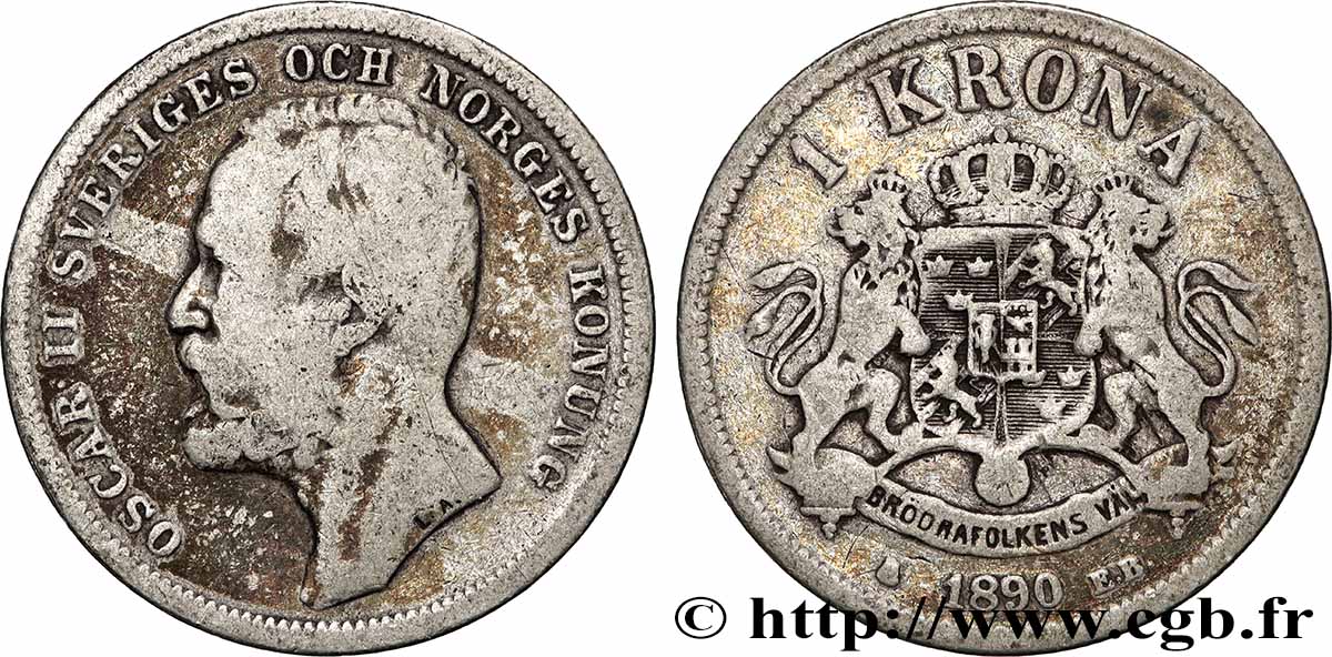 SVEZIA 1 Krona Oscar II de Suède et de Norvège 1890 Kungsholmen MB 