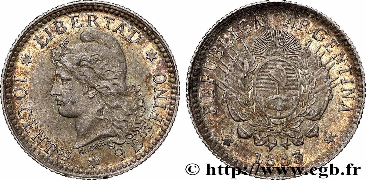 ARGENTINA 10 Centavos 1883  AU 