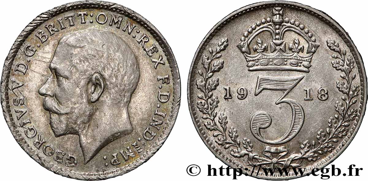ROYAUME-UNI 3 Pence Georges V 1918 Londres TTB+ 