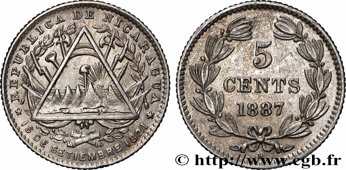 NICARAGUA 5 Centavos 1887 Heaton EBC 
